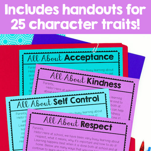 Educational handouts on character traits with colorful covers.