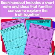 Educational handouts on virtues like kindness, acceptance, self-control, and respect with a purple background.