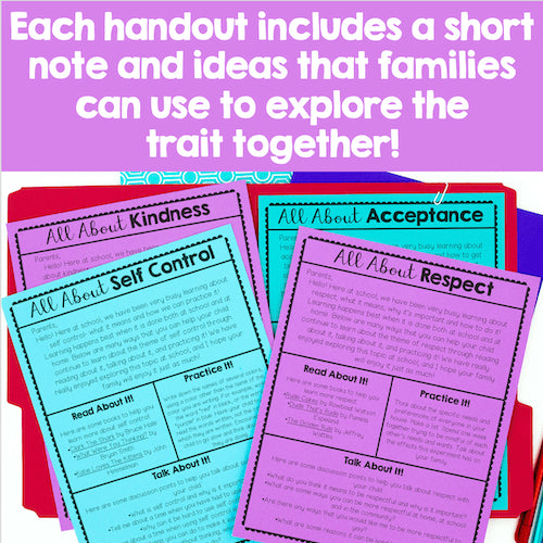 Educational handouts on virtues like kindness, acceptance, self-control, and respect with a purple background.