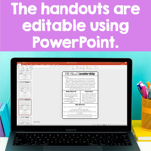 Laptop displaying PowerPoint presentation with text 'The handouts are editable using PowerPoint' on a colorful background.