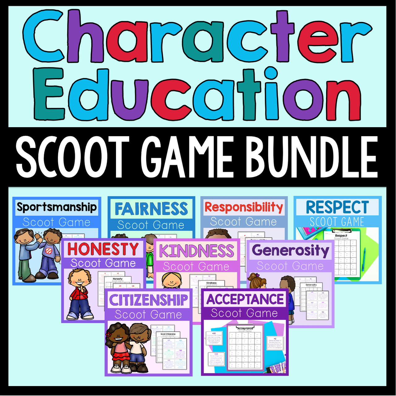 Character Education Scoot Game Bundle with colorful text and game cards on a blue background