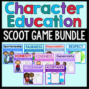 Character Education Scoot Game Bundle with colorful text and game cards on a blue background