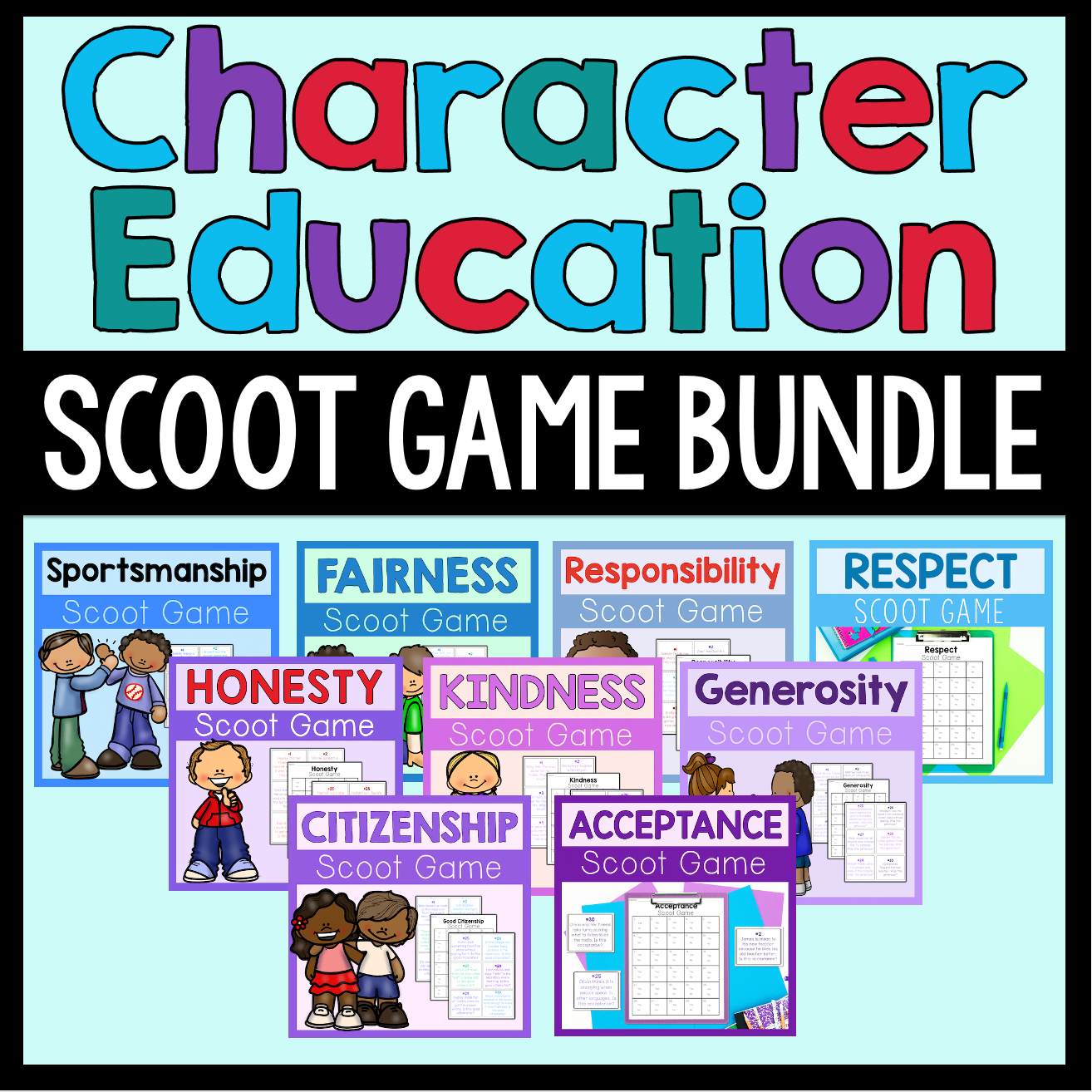 Character Education Scoot Game Bundle with colorful text and game cards on a blue background