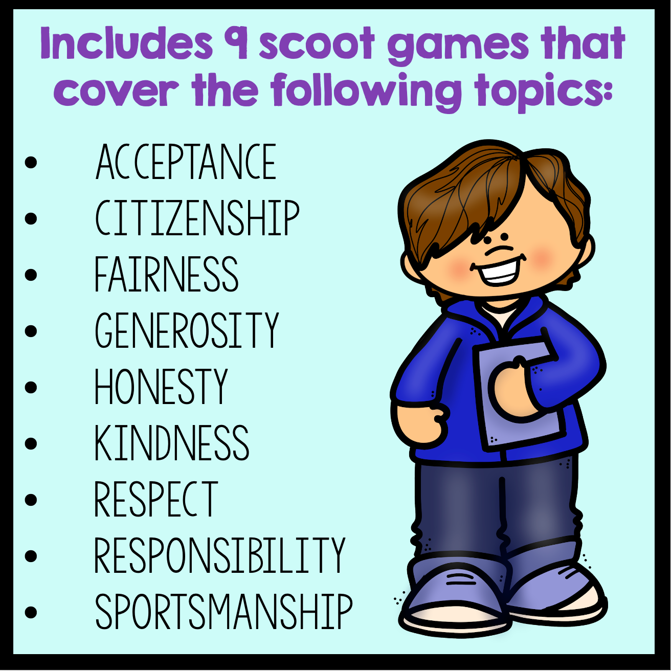 Cartoon character holding a tablet with a list of values on a light blue background