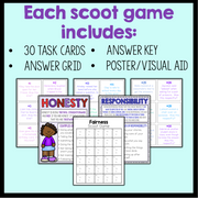 Scoot game components including task cards, answer key, and poster on a light blue background.