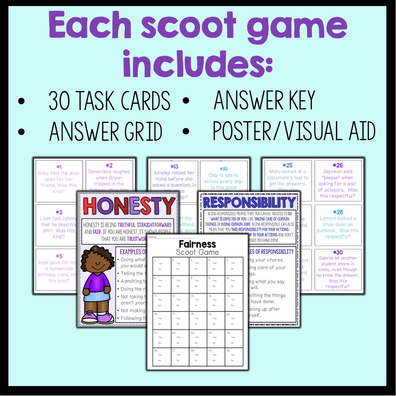 Scoot game components including task cards, answer key, and poster on a light blue background.