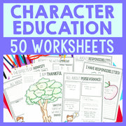 Character education worksheets with colorful design elements on a blue background