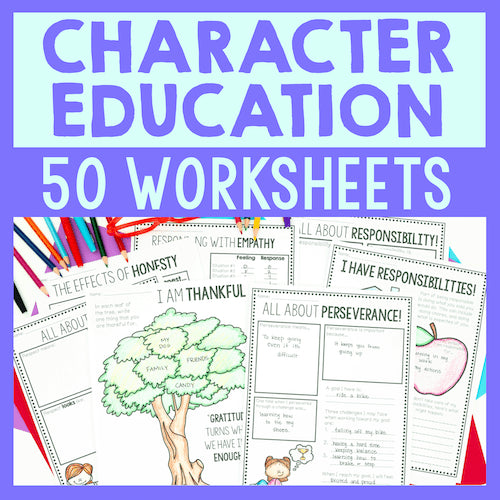 Character education worksheets with colorful design elements on a blue background