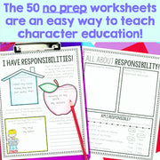 Two educational worksheets on a colorful background with text about character education.