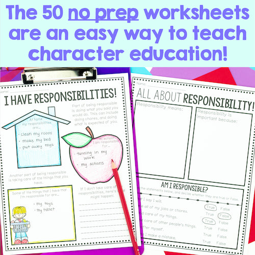 Two educational worksheets on a colorful background with text about character education.