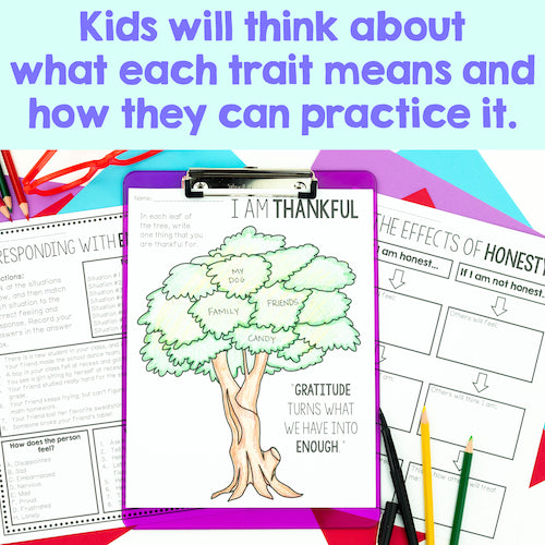 Educational materials with a 'Thankful' tree diagram on a colorful background