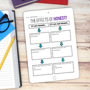 Worksheet titled 'The Effects of Honesty' on a tablet with stationery items on a wooden surface.