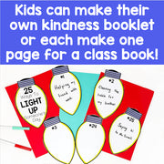 Children's activity booklet with light bulb designs and text about kindness on a blue background.