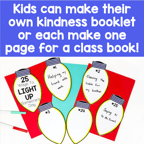 Children's activity booklet with light bulb designs and text about kindness on a blue background.