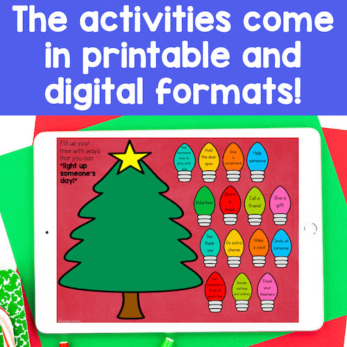 iPad displaying a Christmas-themed activity on a colorful background with text about printable and digital formats.
