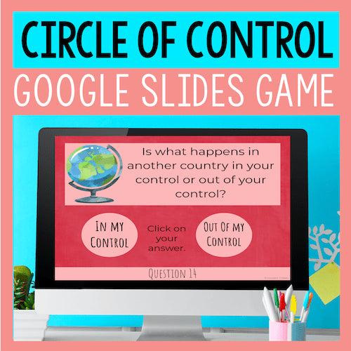 Google Slides game titled 'Circle of Control' on a computer screen with a colorful background.