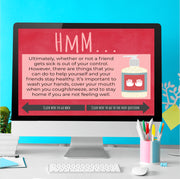 Computer screen displaying a health message with hand sanitizer image on a colorful desk.