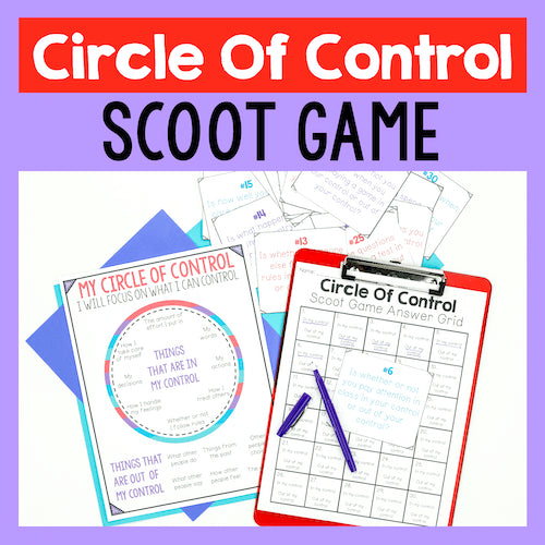 Circle of Control Scoot game with answer grid and question cards on a purple background