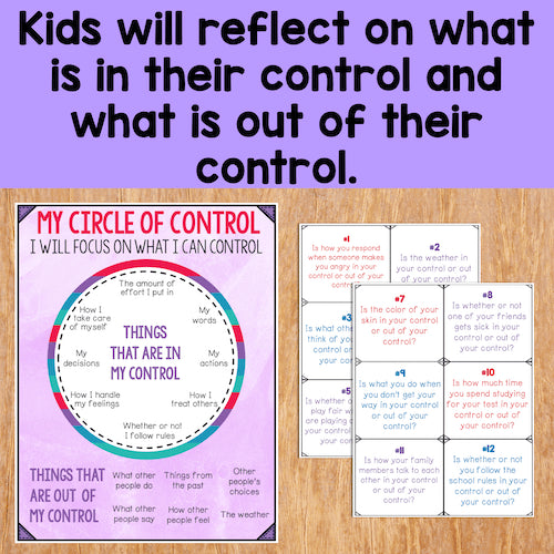 Educational materials on a wooden surface with text about reflecting on control.