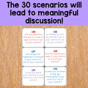 Educational posters with questions on a wooden surface and purple background