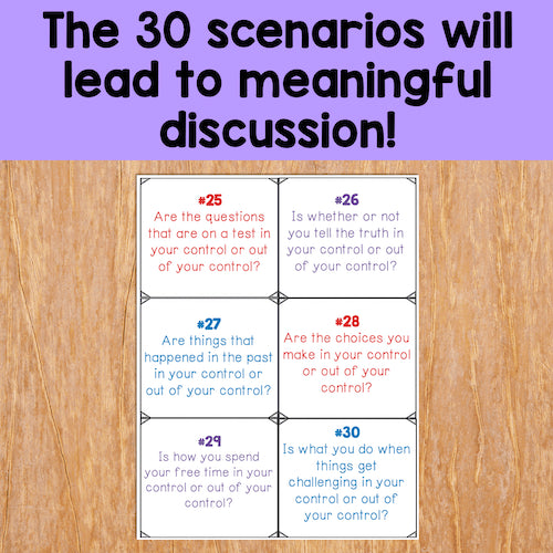 Educational posters with questions on a wooden surface and purple background