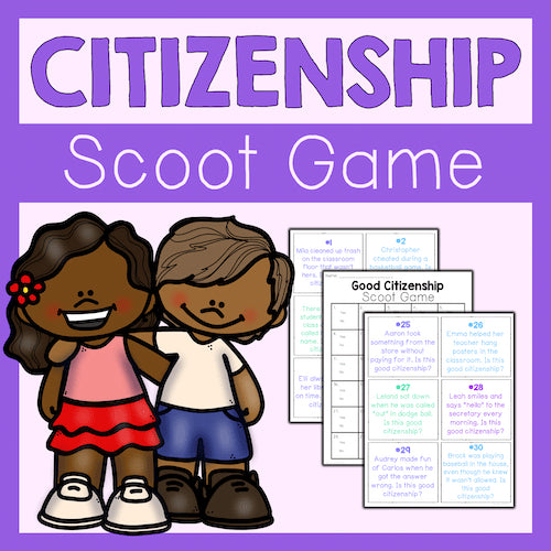 Citizenship Scoot Game with cartoon children on a purple background