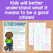 Educational materials on citizenship with a child character and text on a wooden surface.