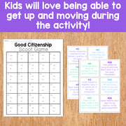Good Citizenship Scoot Game on a wooden surface with text indicating kids' enjoyment of movement during the activity.