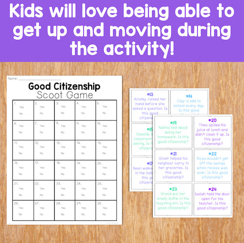 Good Citizenship Scoot Game on a wooden surface with text indicating kids' enjoyment of movement during the activity.