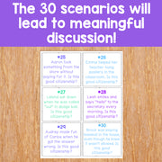 Educational posters on a wooden surface with scenarios for discussion.