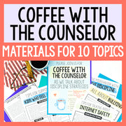 Promotional graphic for 'Coffee with the Counselor' materials with text and images of counselor resources.