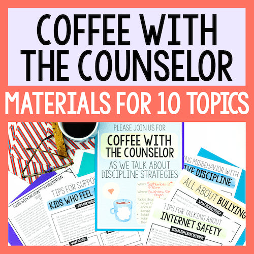 Promotional graphic for 'Coffee with the Counselor' materials with text and images of counselor resources.