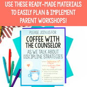 Promotional flyer for 'Coffee with the Counselor' parent workshop on discipline strategies, with colorful stationery items.