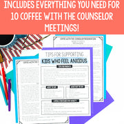 Documents on a desk with coffee and stationery, promoting 'Coffee with the Counselor' meetings.