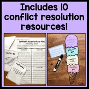 Advertisement for conflict resolution resources with text and educational materials on a wooden surface.