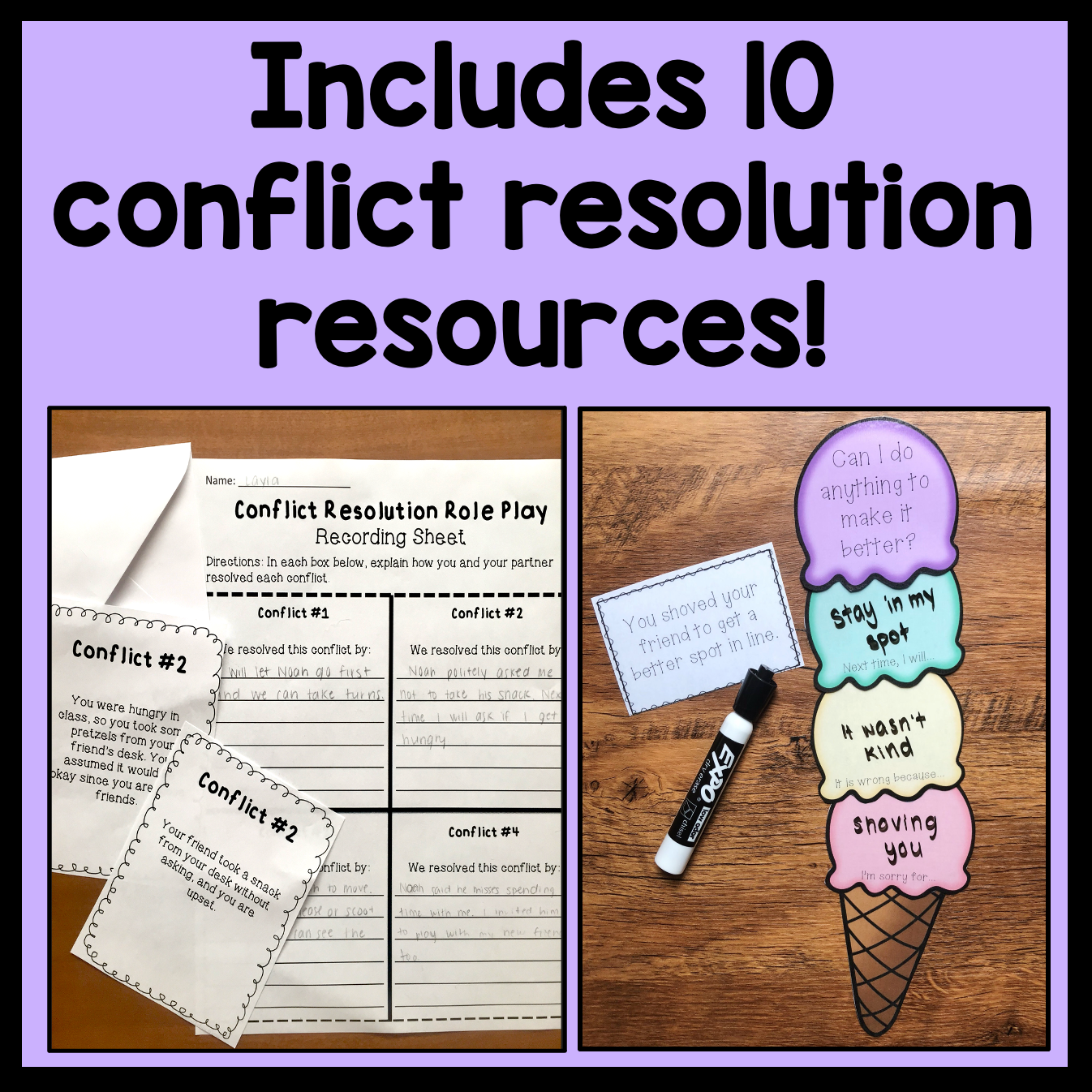Advertisement for conflict resolution resources with text and educational materials on a wooden surface.