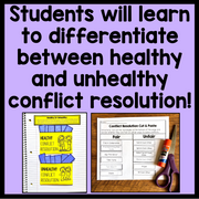 Educational materials on conflict resolution with text about learning healthy vs unhealthy resolution.
