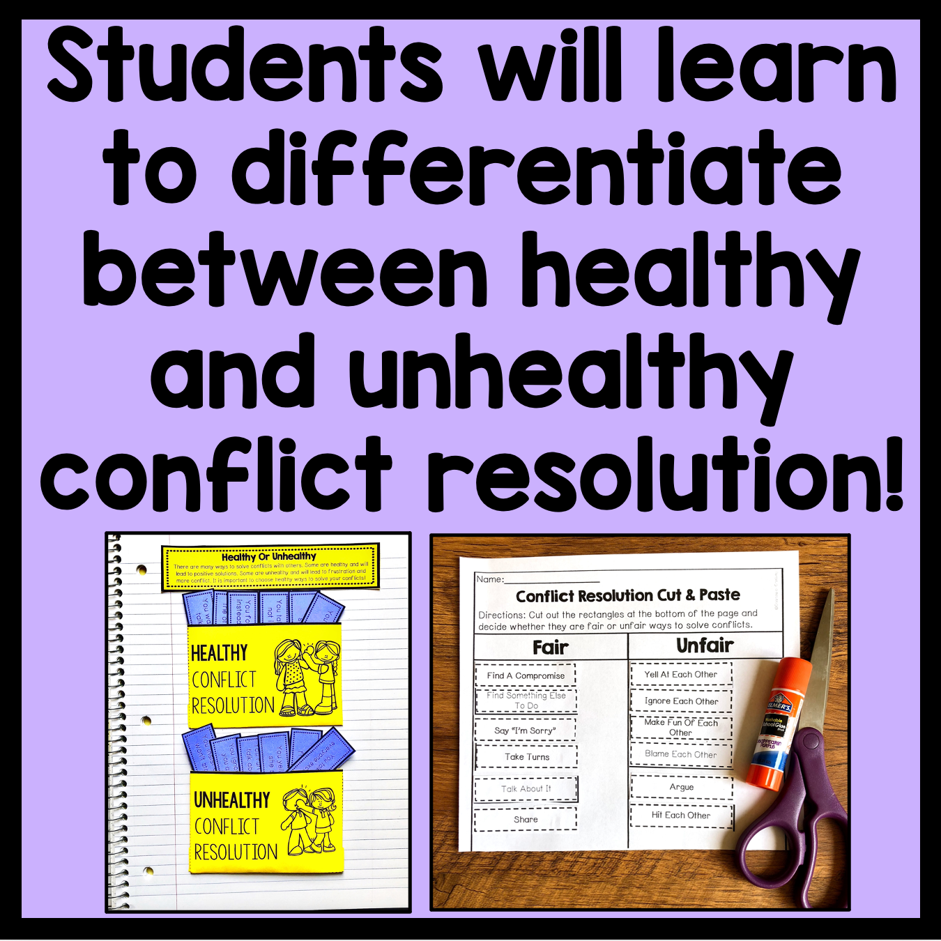 Educational materials on conflict resolution with text about learning healthy vs unhealthy resolution.