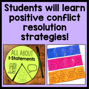 Educational materials for teaching positive conflict resolution strategies with text on a purple background.