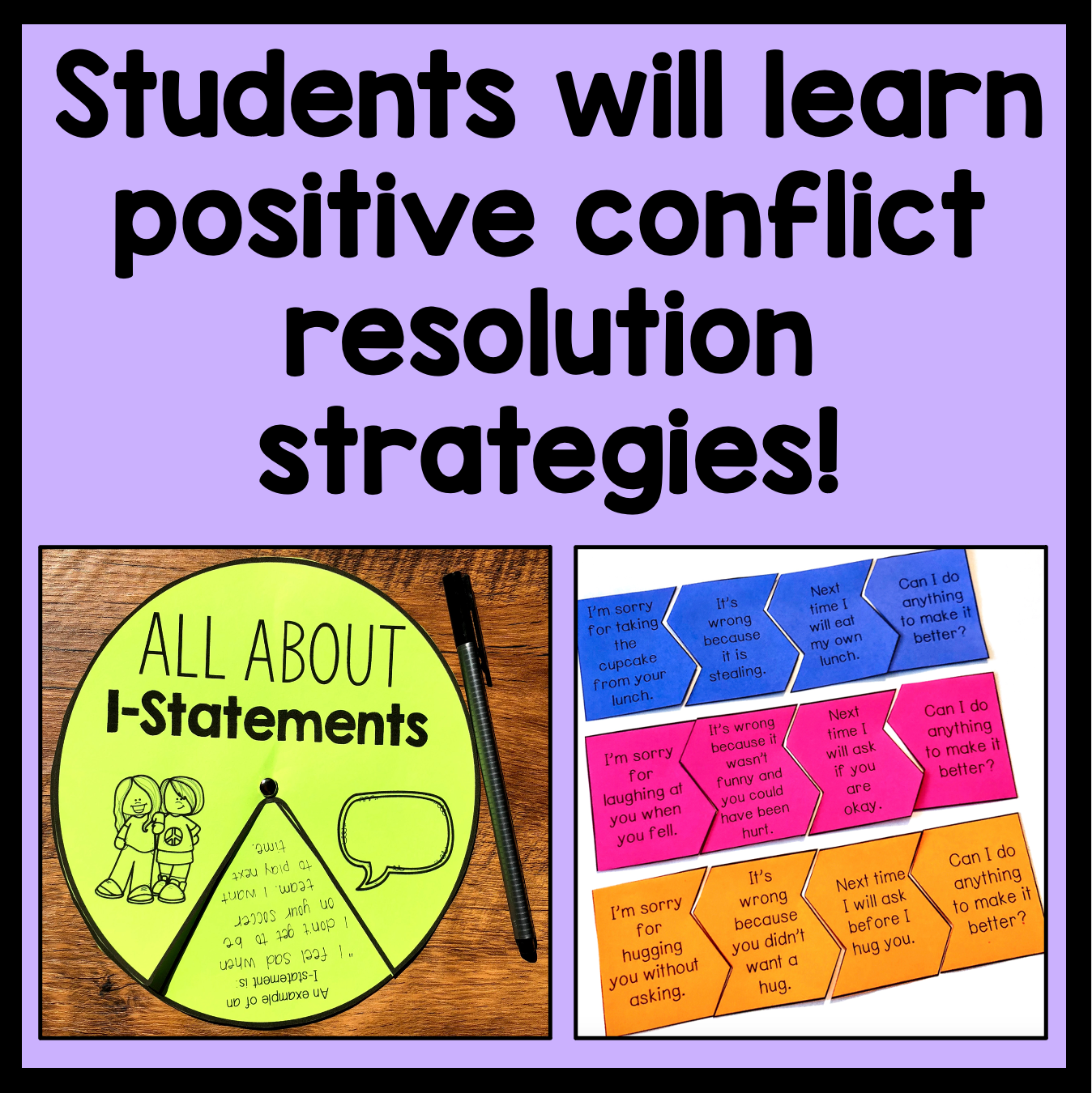 Educational materials for teaching positive conflict resolution strategies with text on a purple background.
