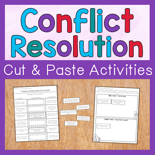 Conflict Resolution Cut & Paste Activities with colorful text on a wooden surface