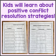 Two educational worksheets on a wooden surface with text about conflict resolution strategies.