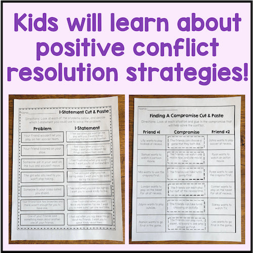 Two educational worksheets on a wooden surface with text about conflict resolution strategies.
