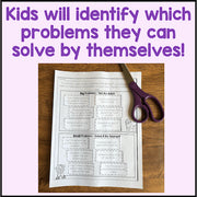 Worksheet on a wooden surface with scissors, text about problem-solving skills.