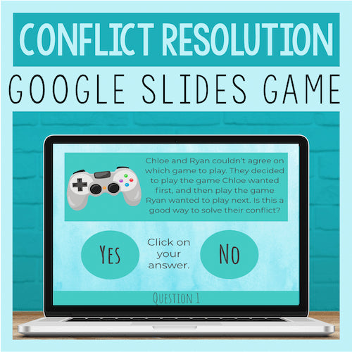 Laptop displaying a conflict resolution game on Google Slides with a teal background