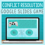 Laptop displaying a conflict resolution game on Google Slides with a teal background