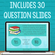 Laptop screen displaying a question slide with books and text on a teal background