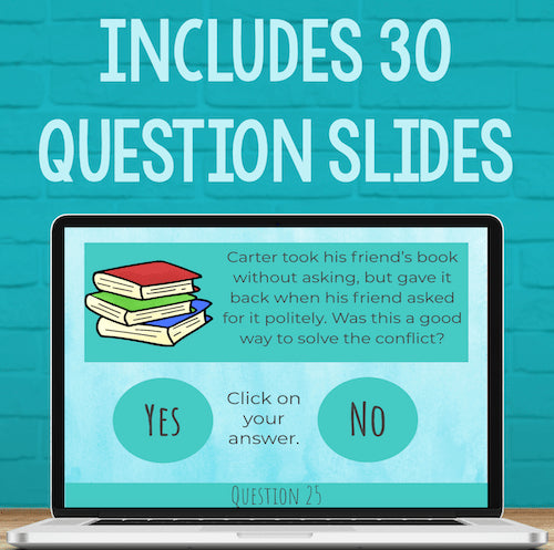Laptop screen displaying a question slide with books and text on a teal background