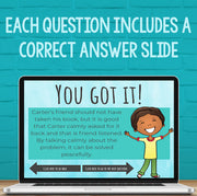 Laptop screen displaying a educational quiz with a correct answer slide, on a teal brick wall background.