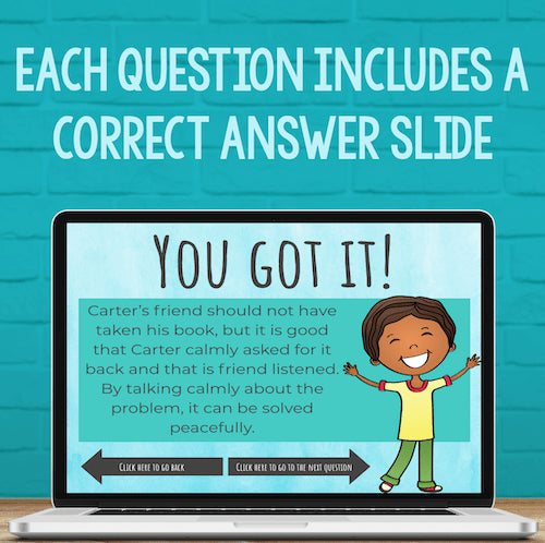 Laptop screen displaying a educational quiz with a correct answer slide, on a teal brick wall background.
